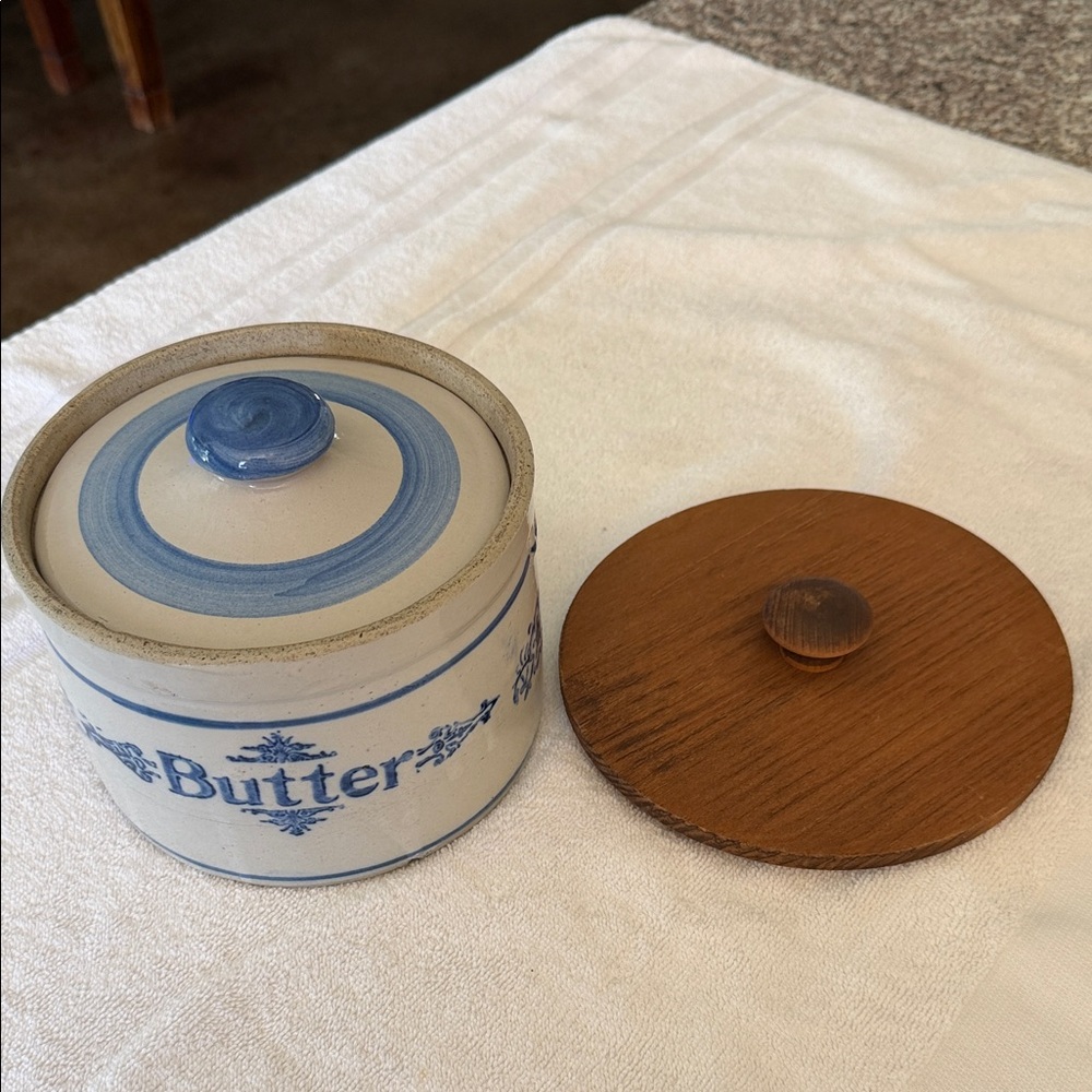 Blue and White Butter Crock with Wooden Lid